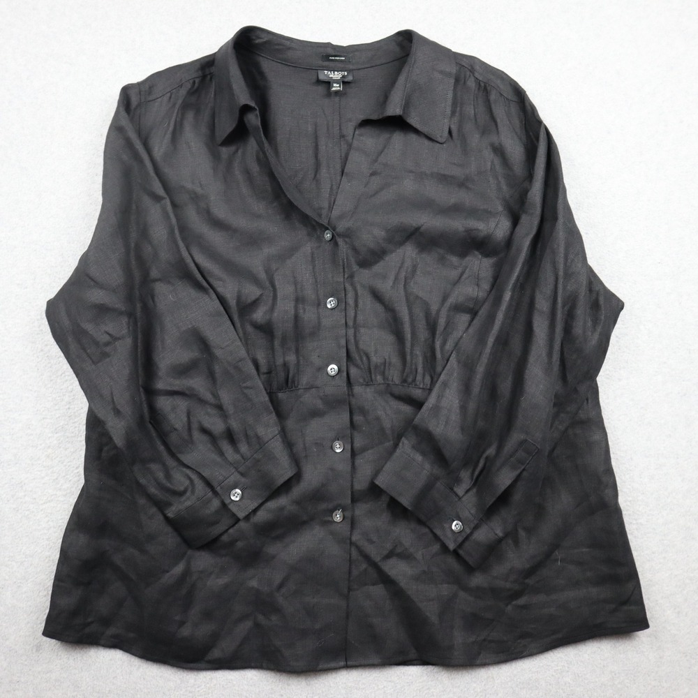 Talbots Shirt Top Women 16W Pure Irish Linen Solid Black Button Down Long Sleeve